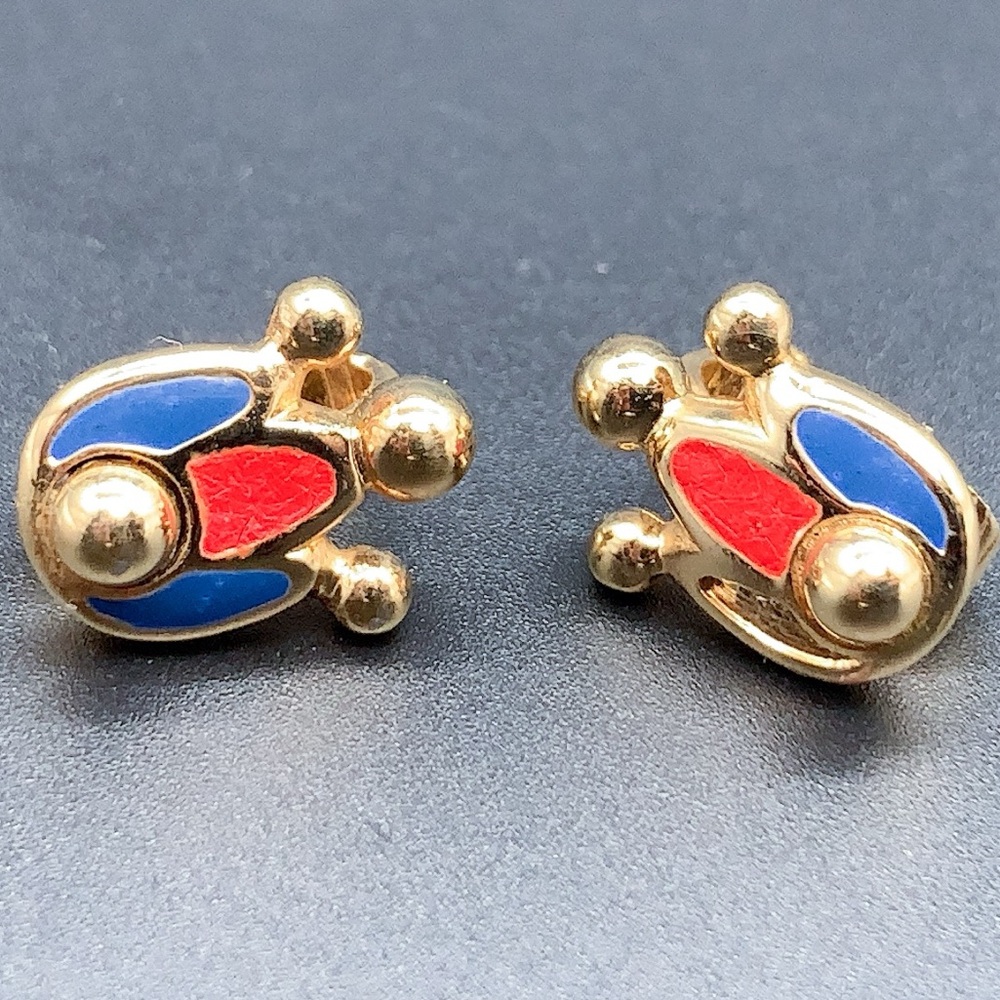 Vintage Christian Dior Gold Earrings with Red and Blue Enamel